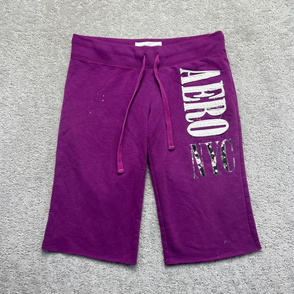 Aeropostale Bermuda Shorts Womens Small Purple Graphic Logo Fleece NYC Sequin